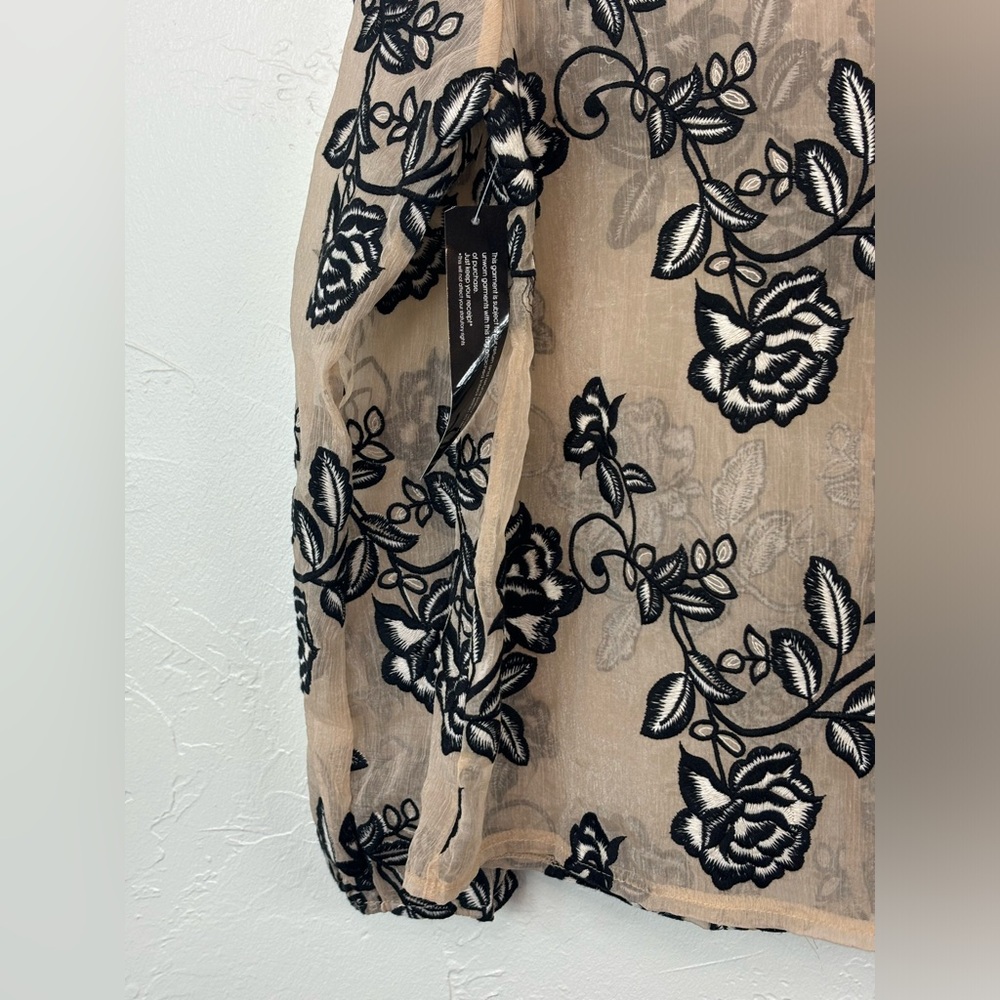 GOLDIE Women's Black Floral Flower Embroidery Sheer Blouse Cream Office Feminine - Picture 12 of 16